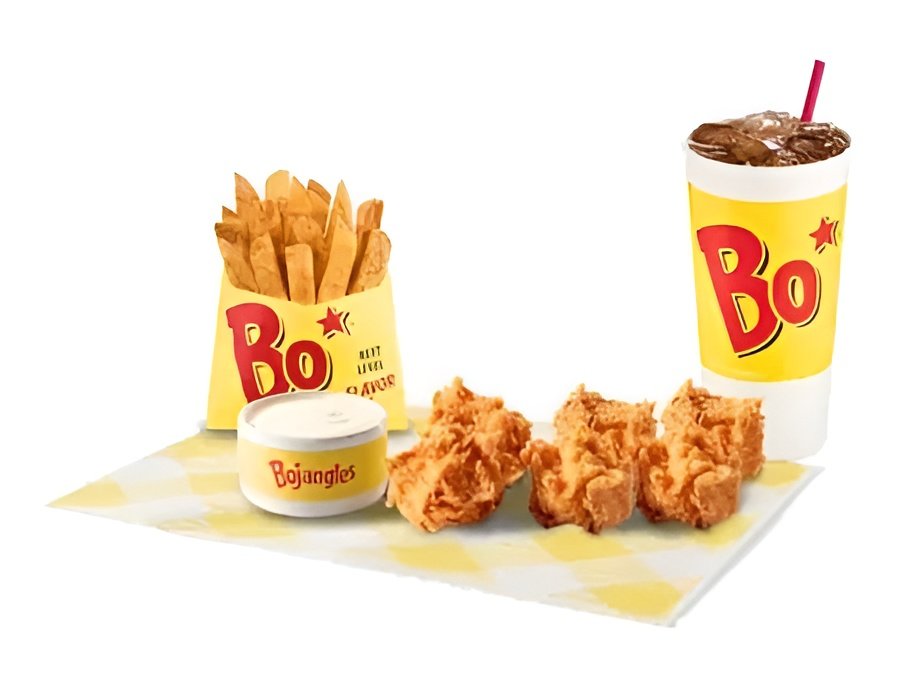 Bojangles Bo Bites Combo with crispy chicken bites, seasoned fries, a buttermilk biscuit, dipping sauce, and a drink