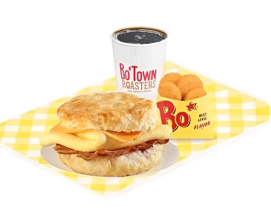 Bojangles breakfast sandwich combo with bacon, egg, and cheese on a buttermilk biscuit