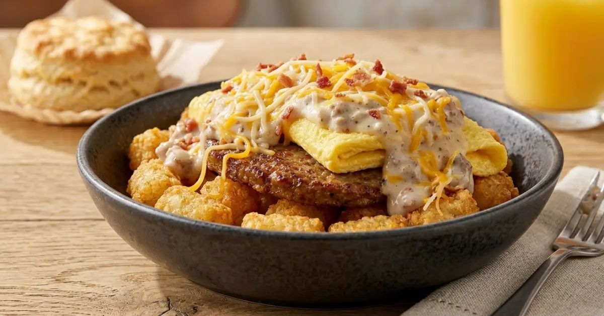 Bojangles Breakfast Bowl close-up showing sausage, eggs, potato rounds, gravy, and cheese