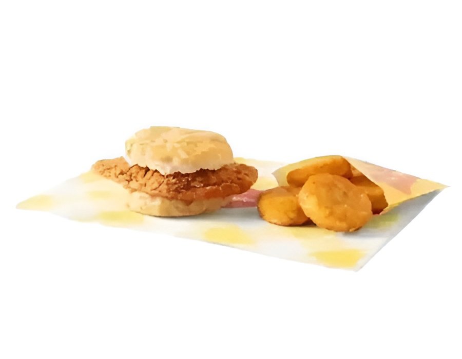 Bojangles Cajun Filet chicken sandwich served with crispy Bo-Rounds potato rounds