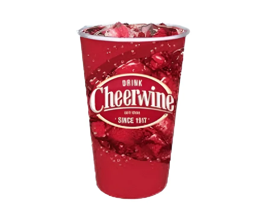 Cheerwine retro glass bottle and red aluminum can, showcasing the cherry soda brand logo.