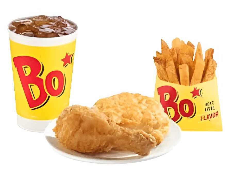 Bojangles Chicken Leg Kids Meal in red box with side item and drink