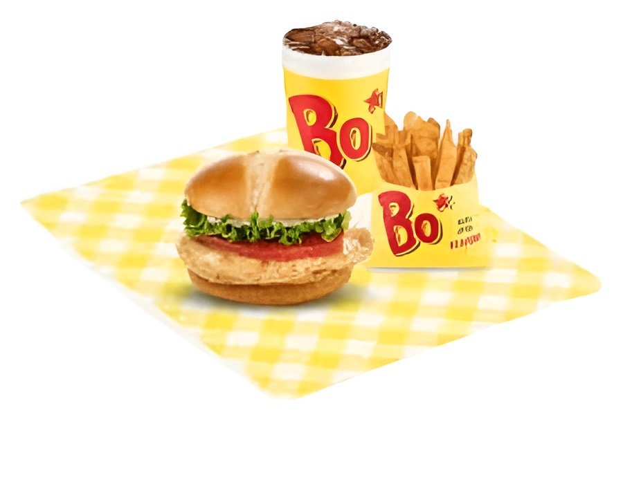 Close-up of Bojangles Grilled Chicken Sandwich Combo meal including fries and a beverage