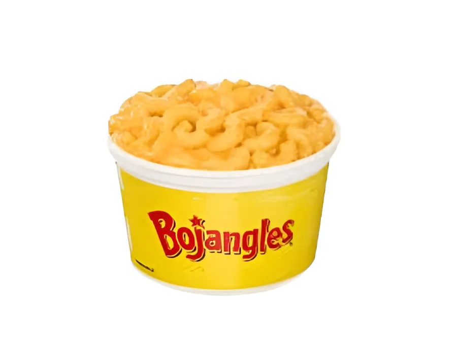 Bojangles Macaroni and Cheese with a spoon inside a black container