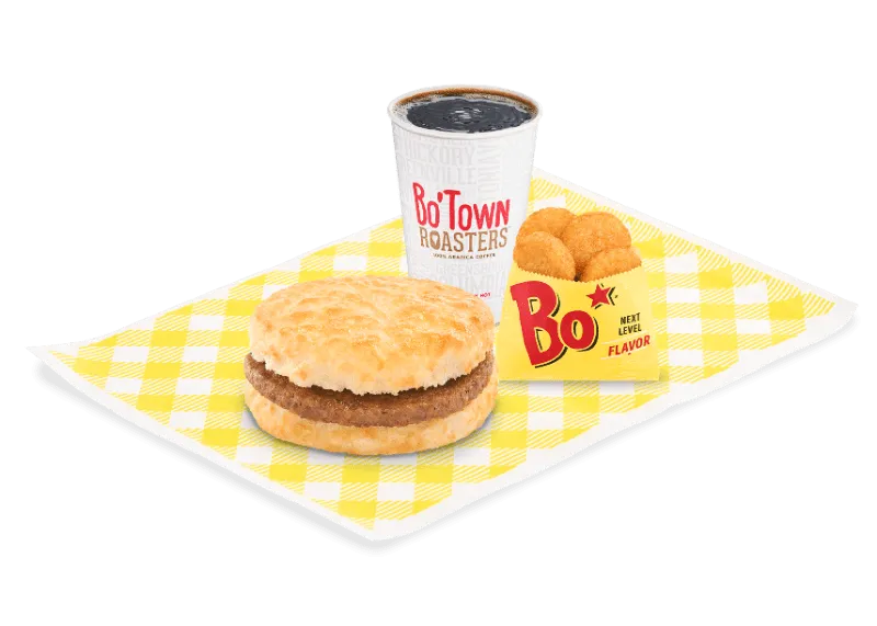 Bojangles Sausage Biscuit Combo with hash browns and drink