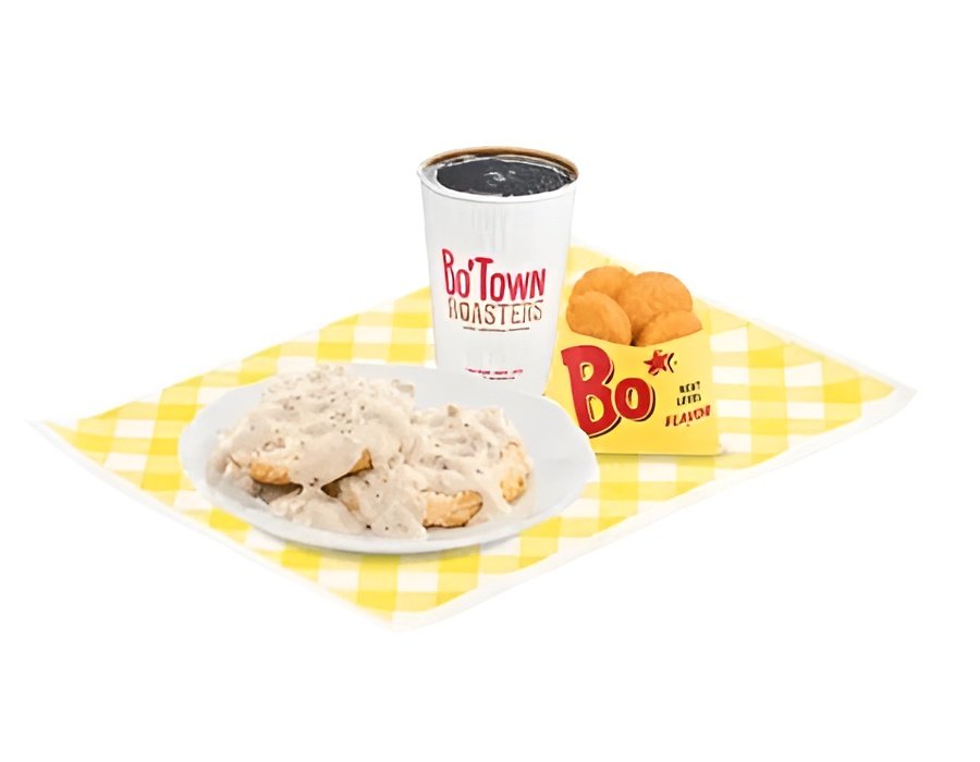 Bojangles Sausage and Egg Biscuit Combo in wrapper on white background
