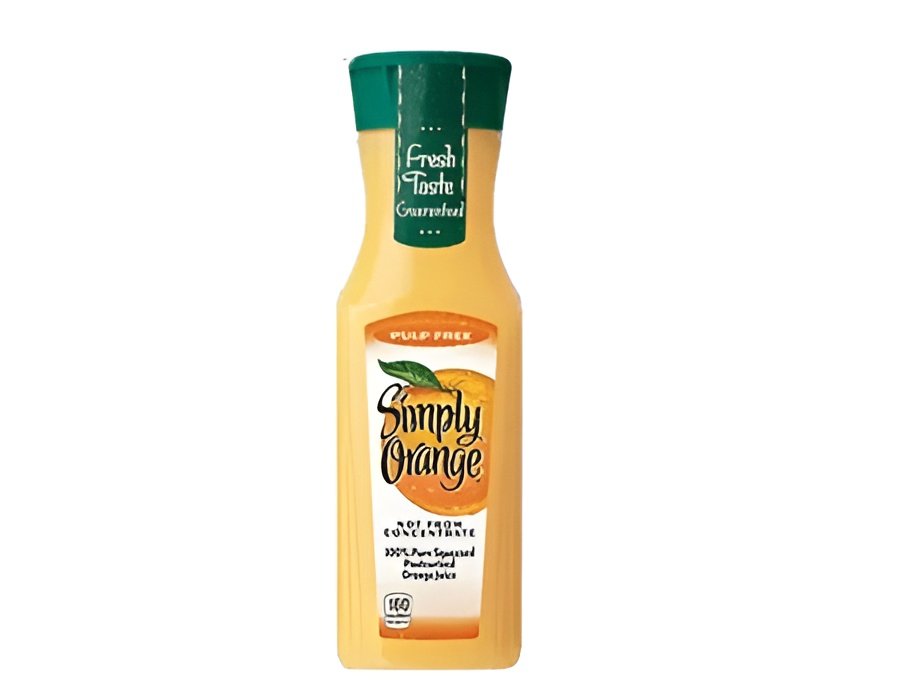 Simply Orange pure squeezed orange juice bottle on white background
