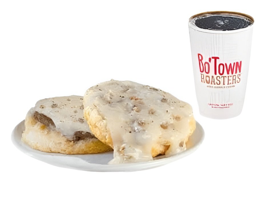 bojangles southern gravy biscuit combo with coffee on a breakfast plate