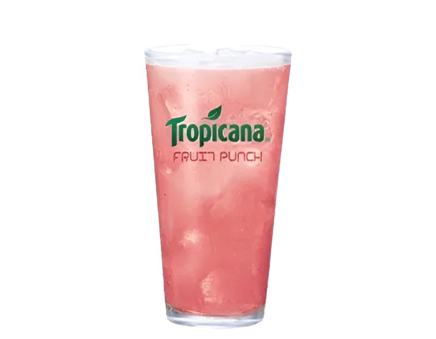 Tropicana Fruit Punch flavored juice drink bottle isolated on a yellow-orange background