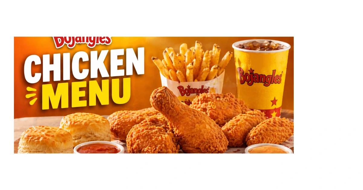 Bojangles chicken menu - fried chicken, seasoned fries, biscuit, and drink