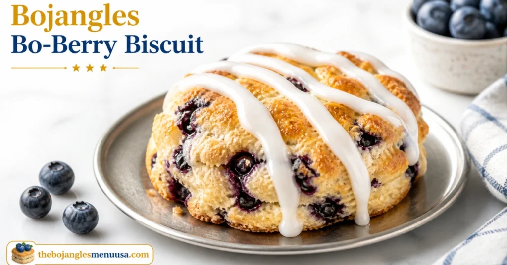 Golden Bojangles Bo-Berry Biscuit with blueberry pieces and white icing drizzle