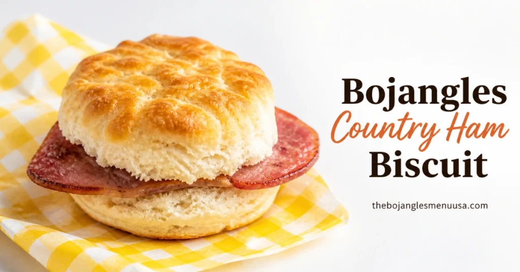 Bojangles Country Ham Biscuit sandwich on a plate, sliced country ham visible between a golden buttermilk biscuit