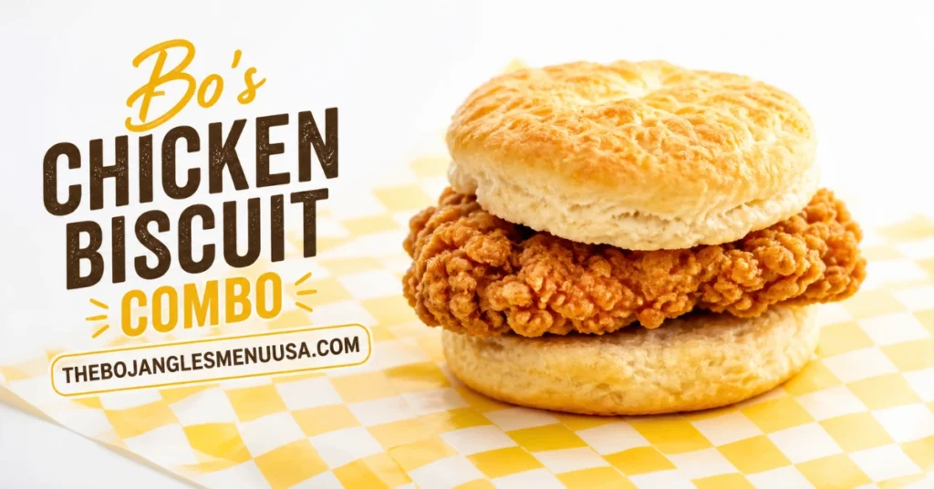 Bo's Chicken Biscuit Combo with crispy fried chicken fillet inside a fluffy golden biscuit, served with dipping sauce and coffee