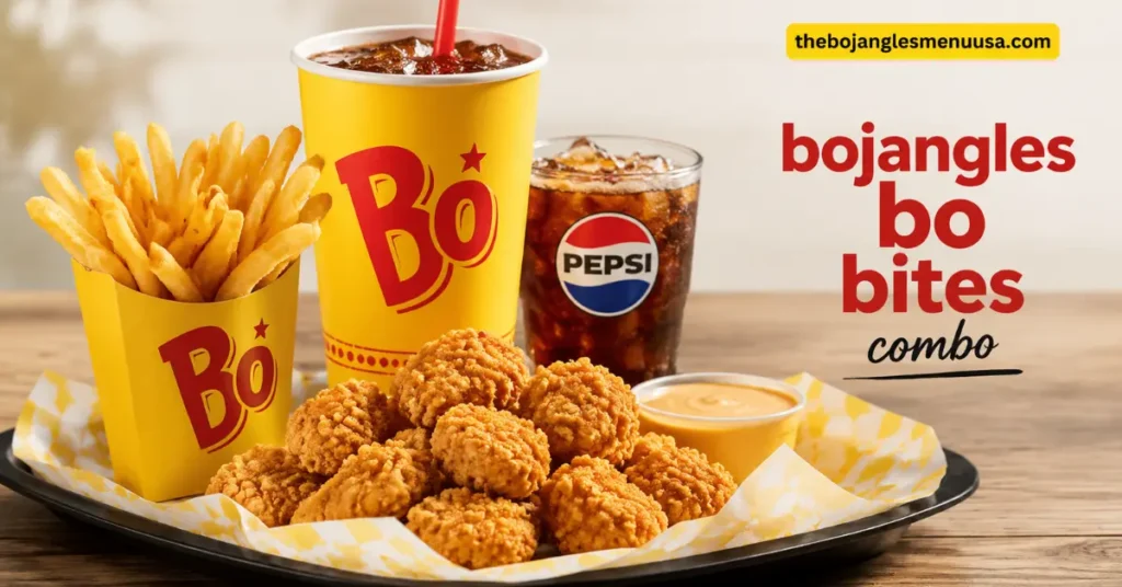 Bojangles Bo Bites Combo with crispy chicken bites, seasoned fries, a buttermilk biscuit, dipping sauce, and a drink