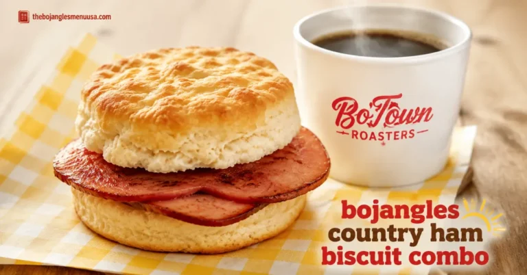 Bojangles country ham biscuit combo with coffee on a wooden table