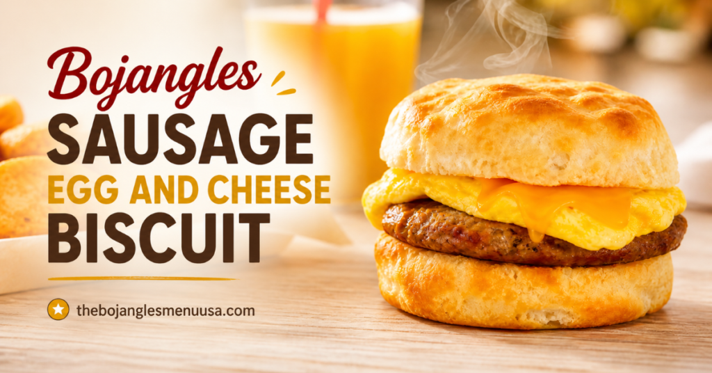 Bojangles Sausage, Egg & Cheese Biscuit - Cajun sausage, folded egg, and melted cheese on a buttermilk biscuit