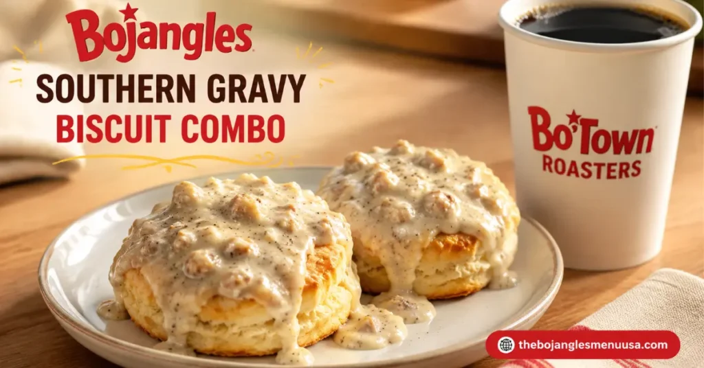 Bojangles Southern Gravy Biscuit Combo served with Bo-Tato Rounds and coffee on a breakfast plate