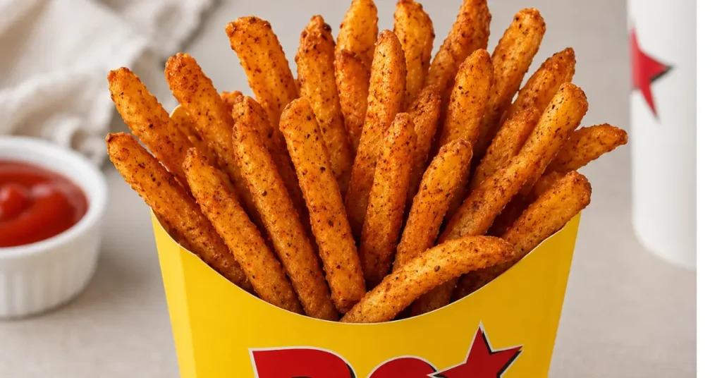 Close-up of crispy, seasoned Bojangles Bo Fries in a yellow carton.