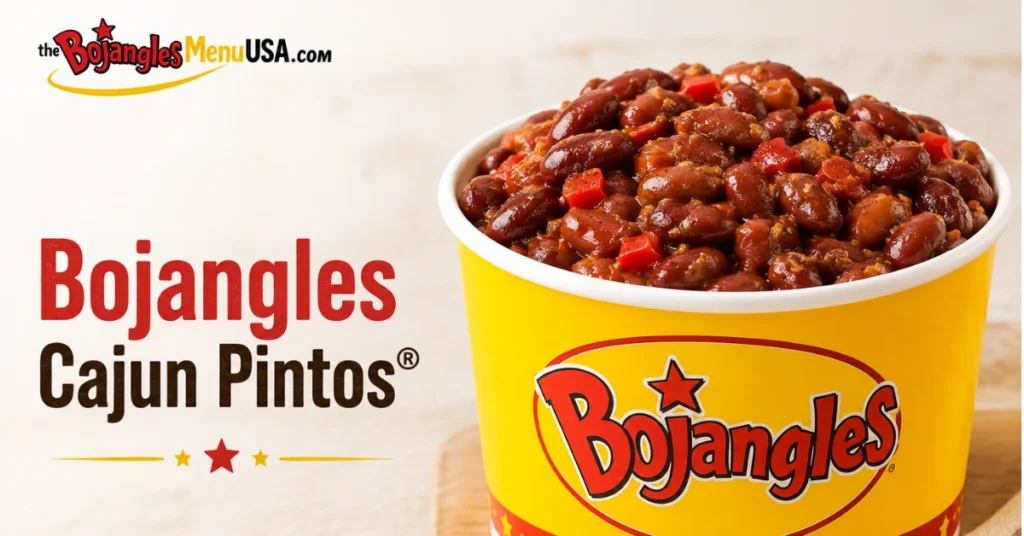 Bojangles Cajun Pintos® in a yellow branded cup, filled with glossy seasoned pinto beans and red peppers, with thebojanglesmenuusa.com logo in the corner.