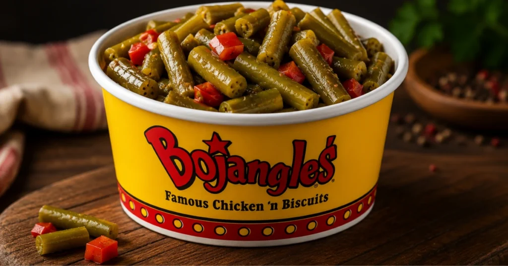 A yellow Bojangles cup filled with glossy seasoned green beans and red pepper pieces on a rustic wooden table.