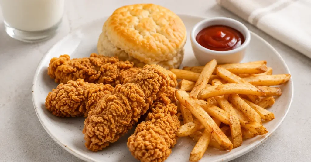 Bojangles kids meal with crispy chicken tenders, fries, and biscuit