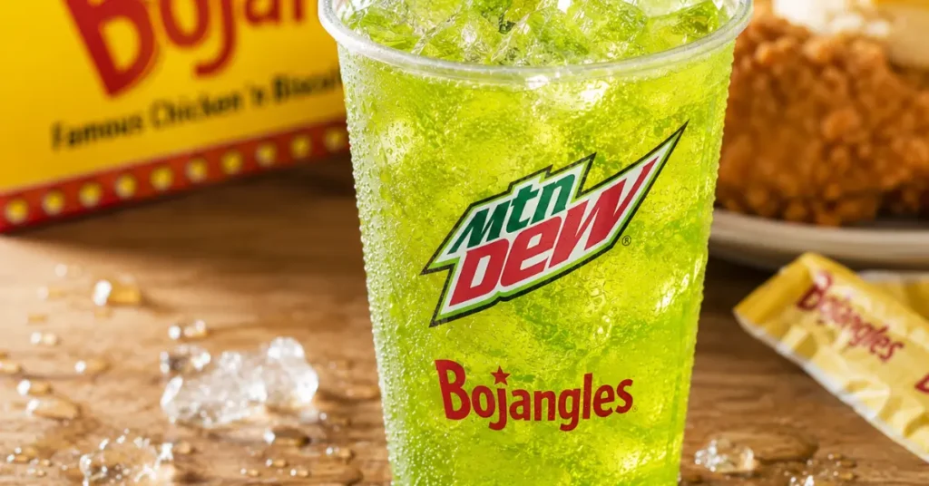 Icy Bojangles Mountain Dew drink beside fried chicken and biscuit.