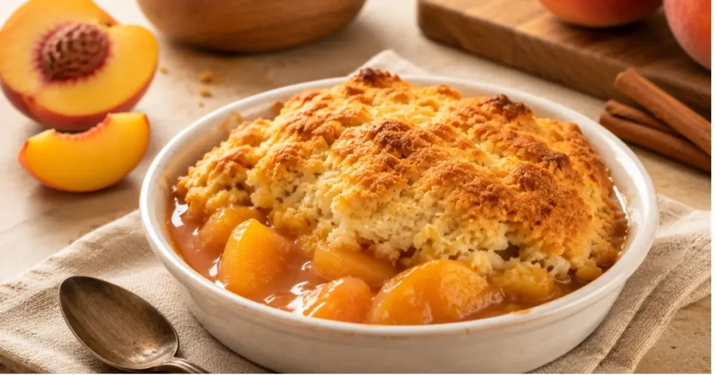 Fresh peach cobbler with baked peaches