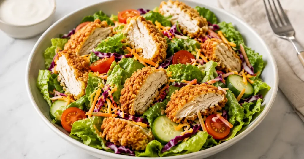 Crispy chicken salad with fresh vegetables and greens