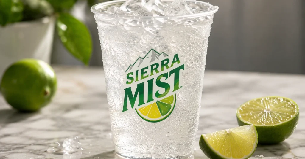 Ice-cold Bojangles Sierra Mist with condensation and fresh lime accents.