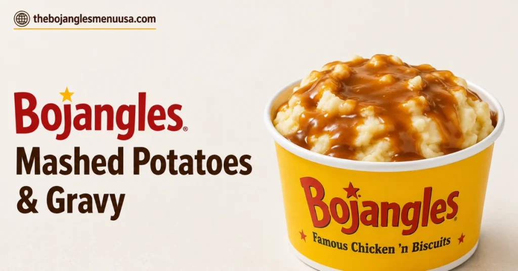 Bojangles mashed potatoes and gravy served in a yellow cup beside the product name