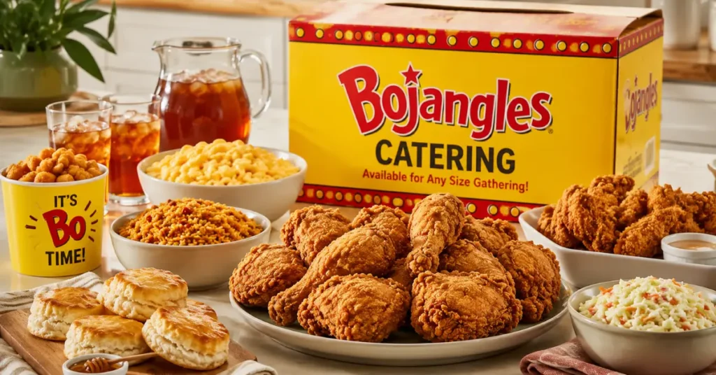 Bojangles catering menu box with fried chicken, biscuits, mac and cheese, and sides.