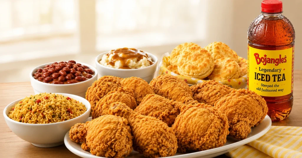 Bojangles family meals menu with biscuits, sides, and iced tea.
