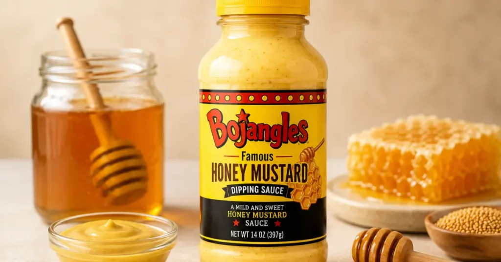 Creamy Bojangles Honey Mustard sauce bottle with golden cap and honeycomb label.