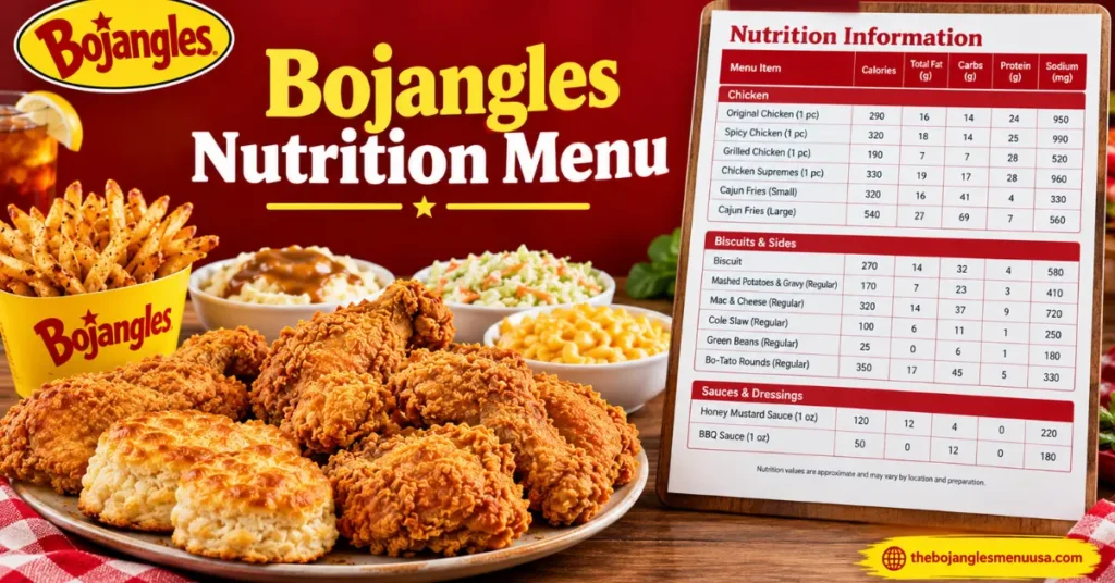 Bojangles Nutrition Menu chicken meal with biscuits, fries, sides, and nutrition information.