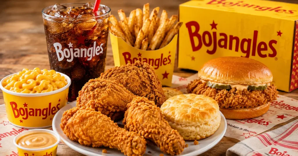 Bojangles fried chicken meal with biscuit, sandwich, fries and mac and cheese