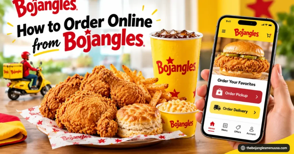 Order Bojangles Online with fried chicken, delivery rider, and smartphone app.
